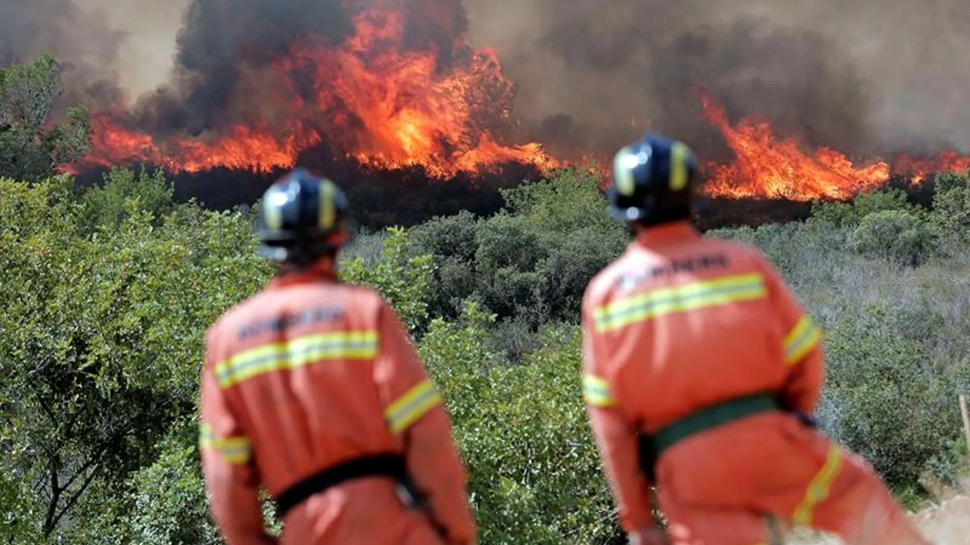 Dos bomberos observan las llamas cerca de la localidad de Sumacarcer (Valencia)