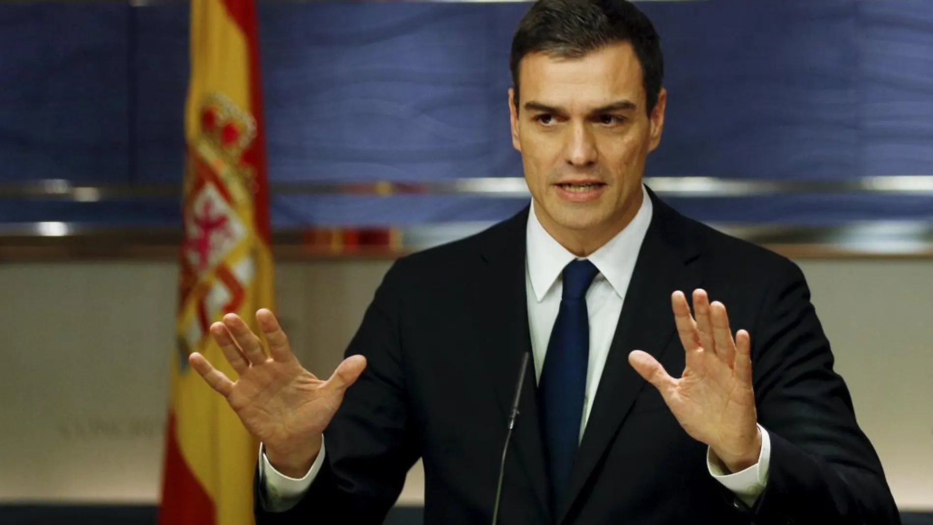 Pedro Sánchez, durante la rueda de prensa en el Congreso, tras su reunión con el Rey.