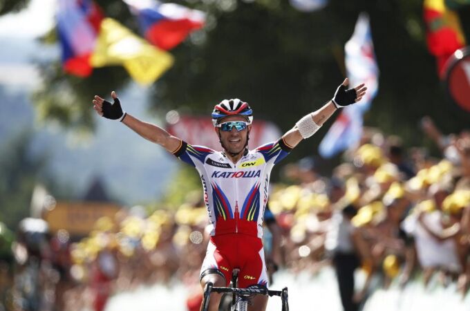 El ciclista español Joaquín "Purito"Rodríguez, del Katusha, celebra su victoria en la tercera etapa de la 102ª edición del Tour de Francia