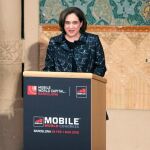 La alcaldesa de Barcelona, Ada Colau, durante su discurso en la cena de bienvenida al Mobile World Congress (MWC)