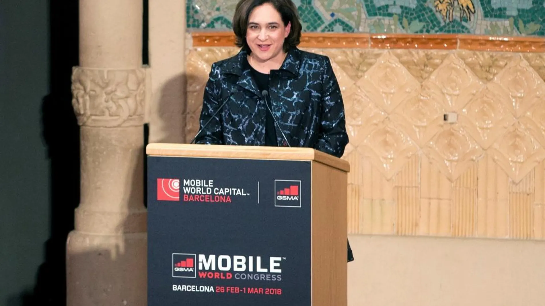 La alcaldesa de Barcelona, Ada Colau, durante su discurso en la cena de bienvenida al Mobile World Congress (MWC)
