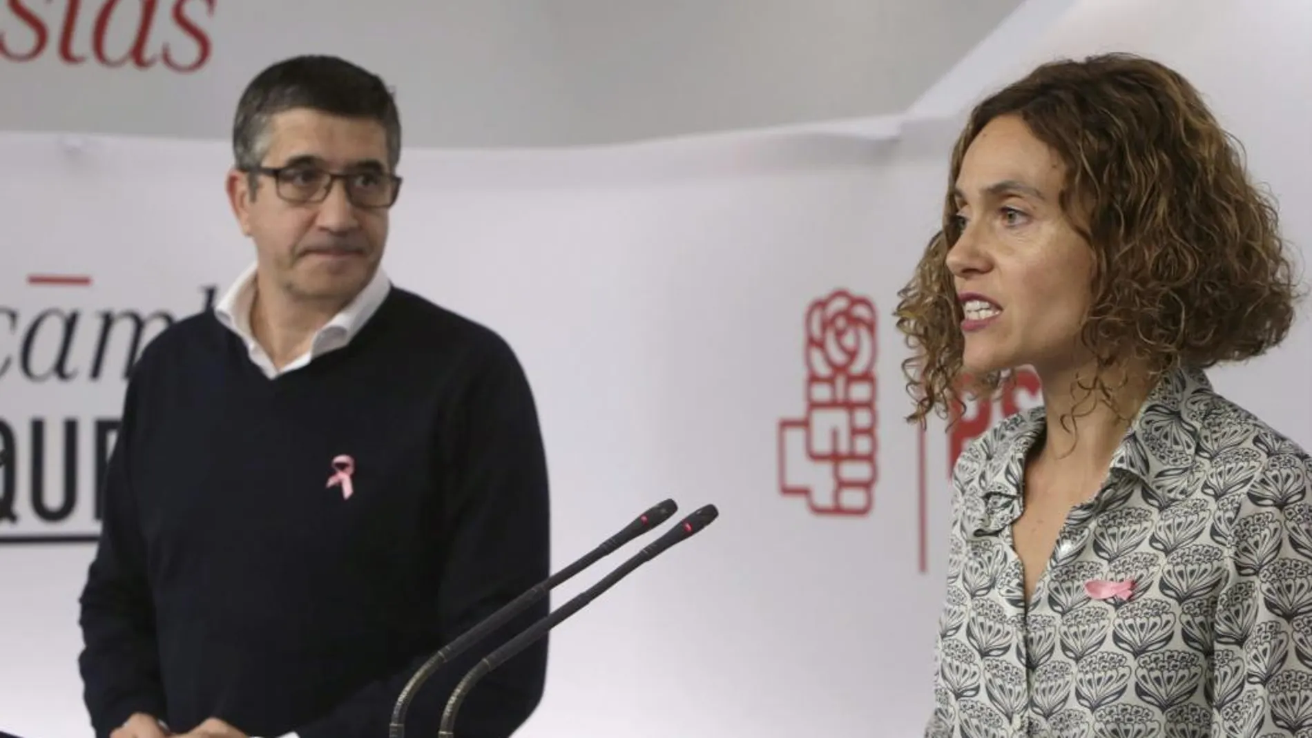 La secretaria de Estudios y Programas del PSOE, Meritxell Batet, y el secretario de acción política y libertades del PSOE, Patxi López, durante la rueda de prensa que ofrecieron tras la reunion de la Ejecutiva Federal del PSOE