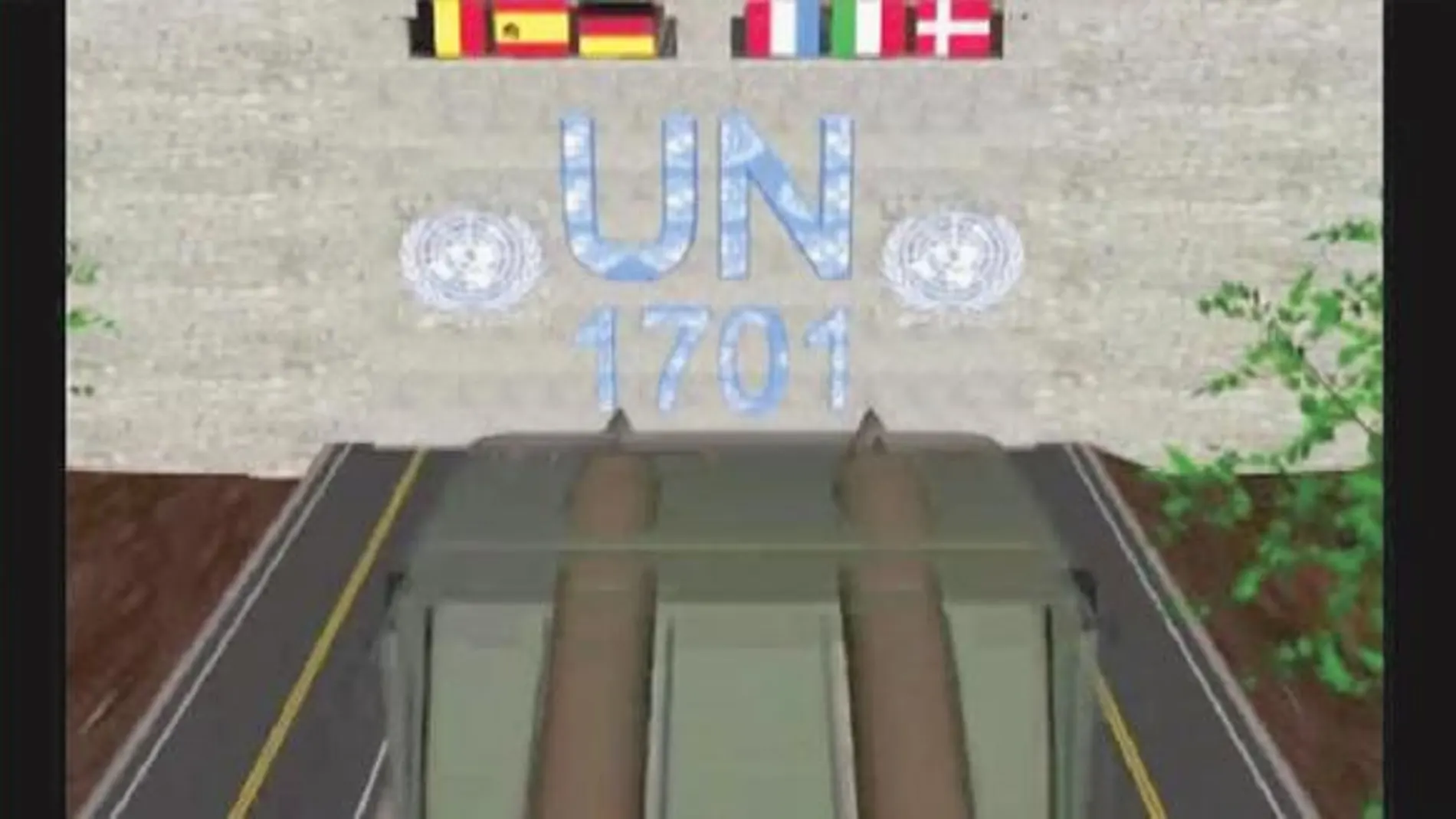 Infografía del vídeo en la que se muestra a las tropas de la ONU (con la bandera española) como «obstáculo»