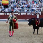 Pablo Aguado durante la lidia de su primer novillo esta temporada en Las Ventas