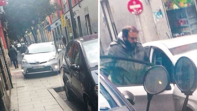 Tal y como relatan los vecinos, el coche oficial del concejal invade la acera y el paso de cebra y dificulta el tránsito