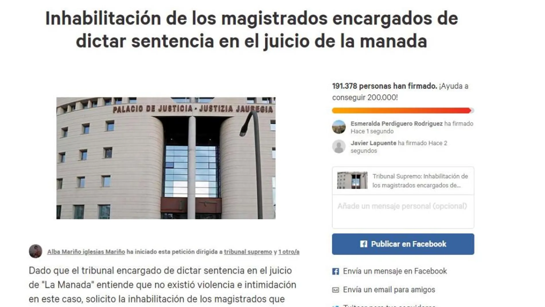 Lanzan una campaña en change.org para inhabilitar a los jueces de «La Manada»