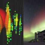 El detector de neutrinos IceCube puede fotografiar la luz (llamada radiación de Cherenkov) generada por la cascada de partículas que produce un neutrino al chocar con el hielo en la Antártida. Así han registrado la energía y dirección del neutrino HESE-35 o Caponata (a la izquierda)