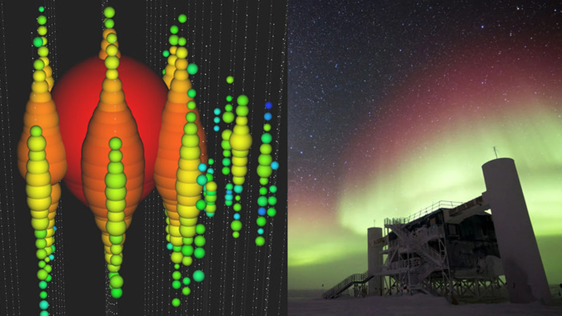 El detector de neutrinos IceCube puede fotografiar la luz (llamada radiación de Cherenkov) generada por la cascada de partículas que produce un neutrino al chocar con el hielo en la Antártida. Así han registrado la energía y dirección del neutrino HESE-35 o Caponata (a la izquierda)