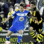 Sardinero, que ascendió con el filial del Getafe el año pasado en ese mismo estadio y ayer marcó, controla el balón ante Aguiar