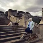 La reina Isabel II, fotografiada Annie Leibovitz  en los jardines del castillo de Windsor, con cuatro de sus perros, entre ellos Willow ( a la izquierda arriba)