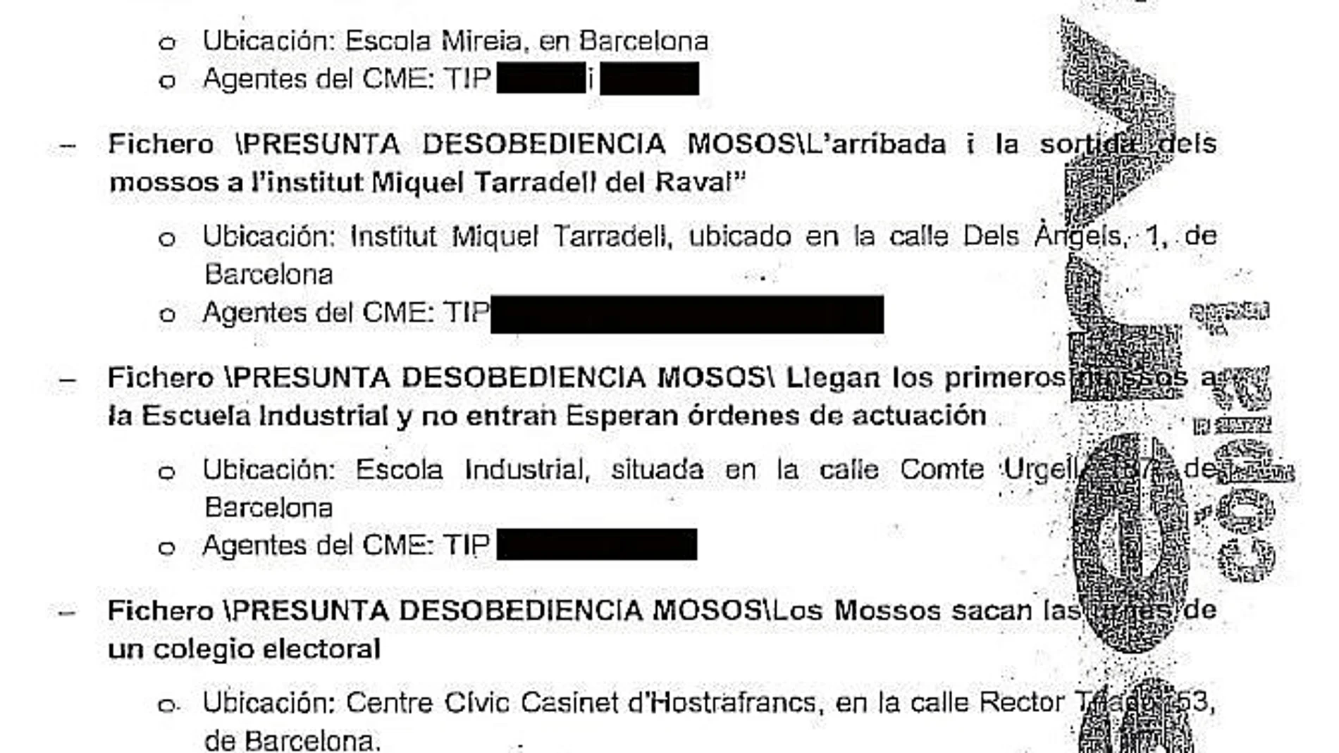 Documento oficial de los Mossos en el que se informa de las supuestas desobediencias cometidas por agentes de base durante la celebración del referéndum ilegal del 1-O
