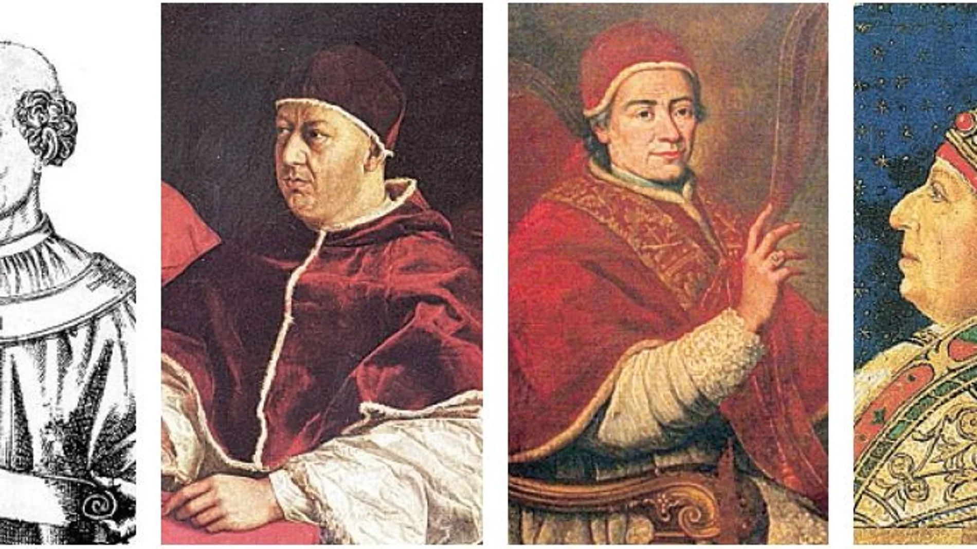 (De izqui. a drch.) El Papa Formoso murió en el 896. León X falleció con 46 años. Clemente XIV se suicidó en 1774. Alejandro VI fue envenenado