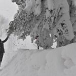 Un hombre sacude un árbol cubierto de nieve acumulada tras una tormenta caída en Casaglia, Mugello, Florencia (Italia) hoy, 27 de febrero de 2018. EFE/ Maurizio Degl'innocenti