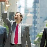 Mariano Rajoy, acompañado por Javier Arenas y Elías Bendodo, junto a la nueva sede del PP en Málaga