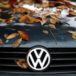 Varias hojas caídas decoran el capó de un Volkswagen Polo en Leipzig (Alemania).