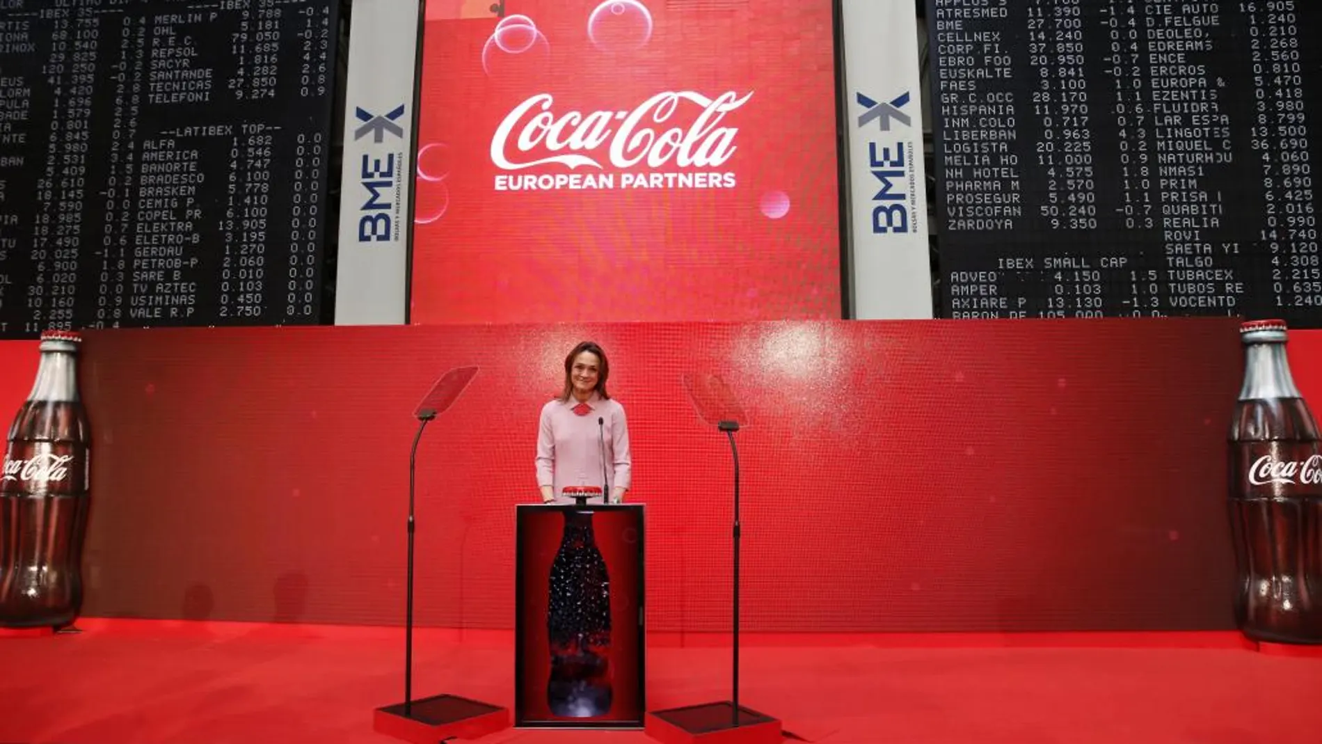La presidenta de Coca-Cola Iberian Partners, Sol Daurella, durante el inicio de la cotización de la compañía en las bolsas españolas