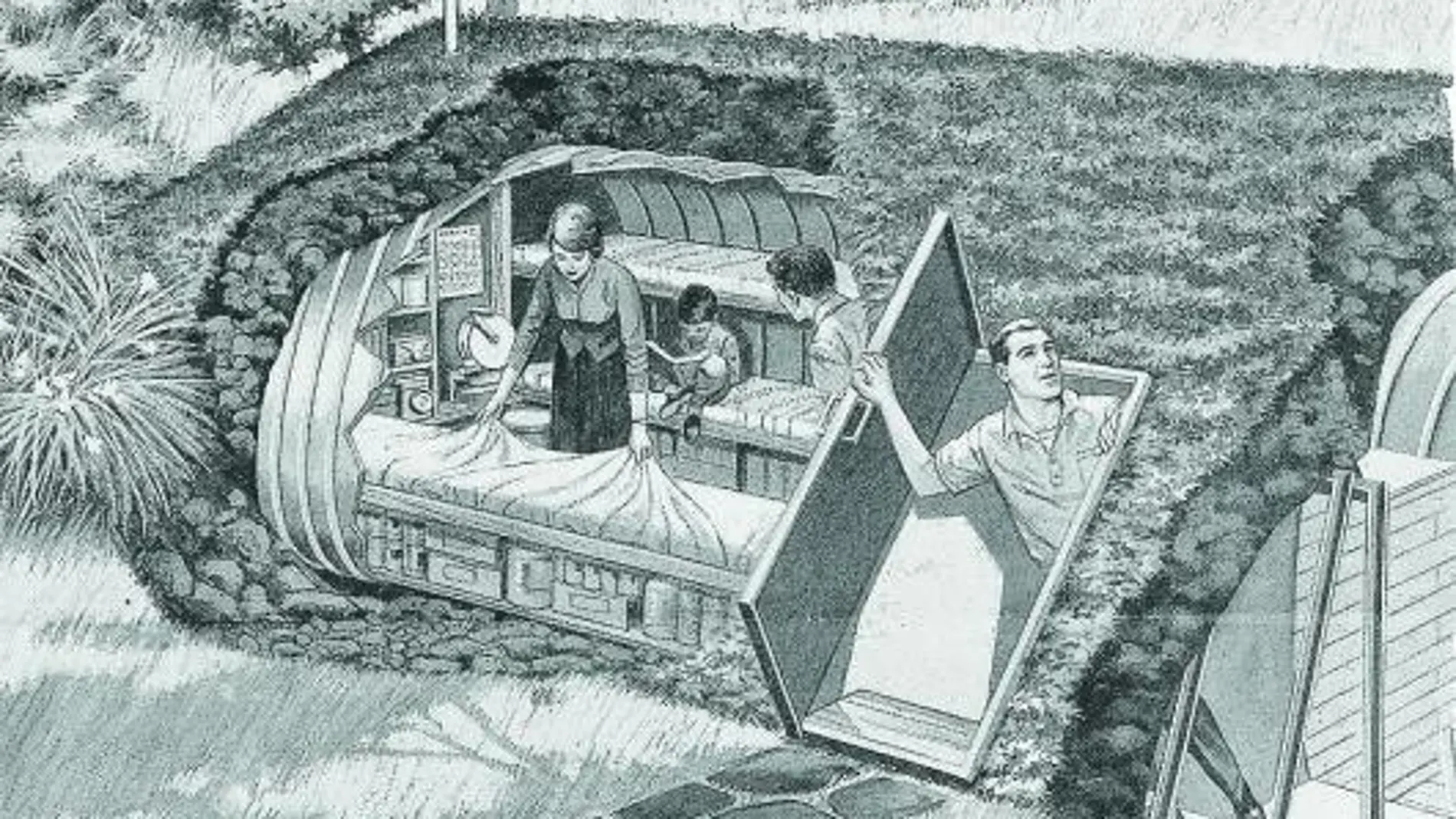 Un dibujo publicado en la prensa de los años 50 imagina un mundo feliz protegido con un refugio familiar