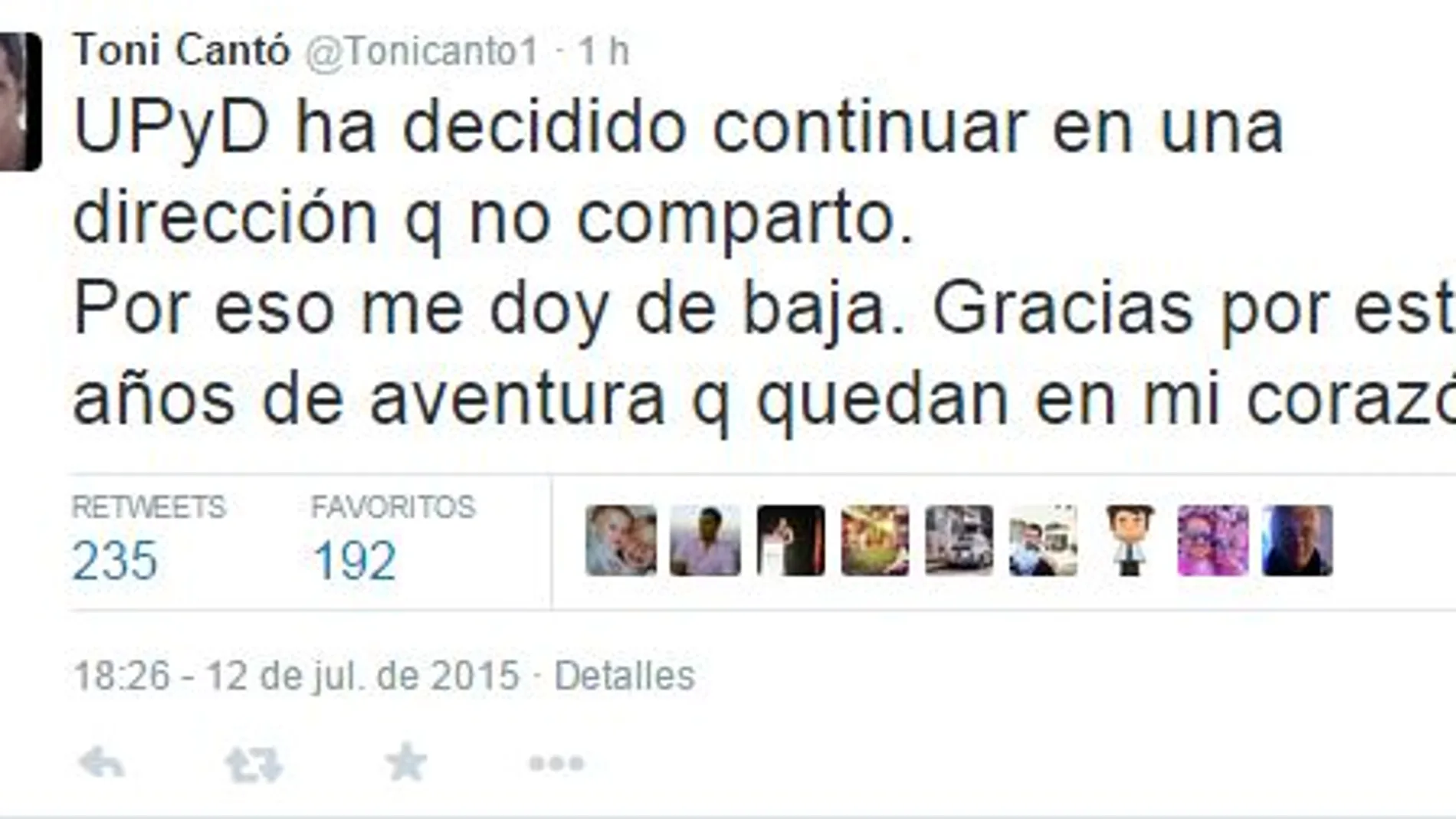 Toni Cantó anuncia que se da de baja de UPyD
