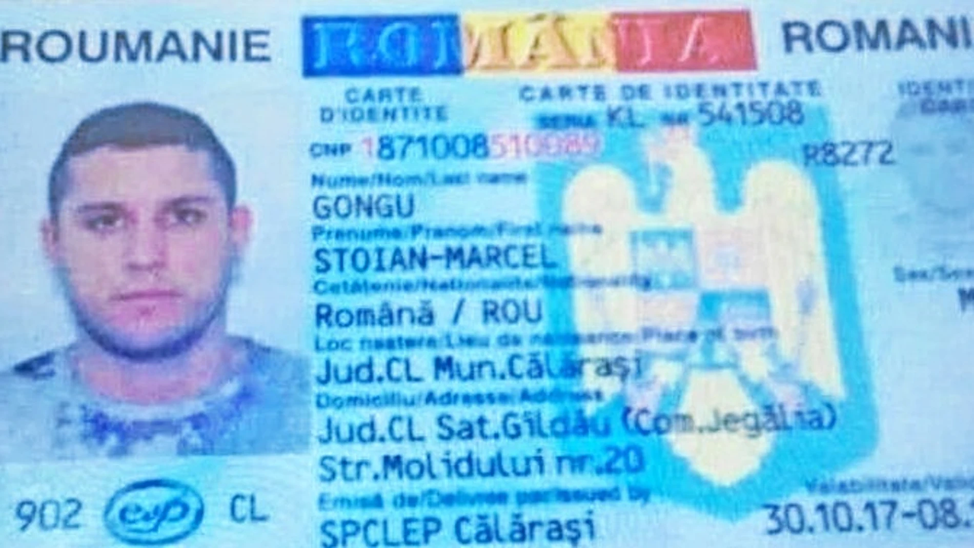 Documento de identidad de Stoian Marcel Gongu que fue arrestado en Málaga cuando intentaba viajar a Rumanía, su país de origen