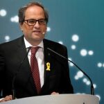 Quim Torra, durante su intervención en la conferencia inaugural del 29 Encuentro Empresarial en el Pirineo, en La Seu d'Urgell, la pasada semana. EFE/ Nando Galindo