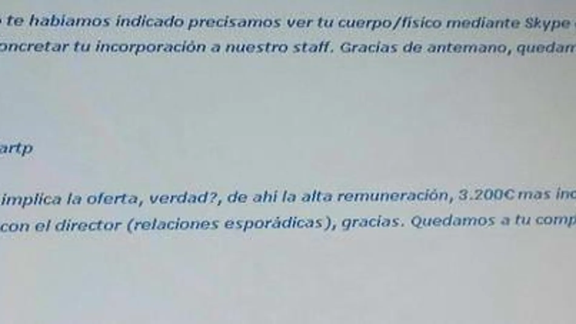 Pantallazo de la respuesta a una de las candidatas a la oferta de trabajo