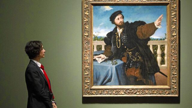 «Retrato de caballero», 1535 (?), óleo que representa a un hombre semiapoyado sobre una mesa.