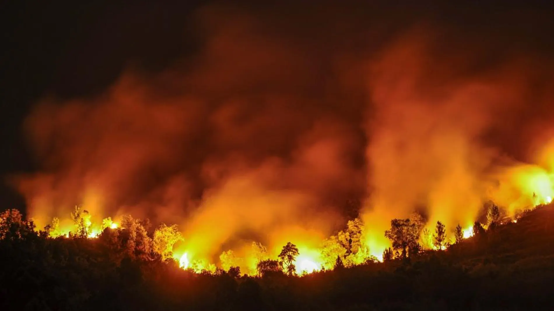 Vista del incendio forestal registrado en las afueras de la ciudad de Ourense, que ha ido adquiriendo grandes dimensiones y ha obligado a decretar el nivel dos de riesgo, ya que ha rodeado viviendas, ha afectado a una granja y ha obligado a evacuar a dos efectivos de los equipos de extinción