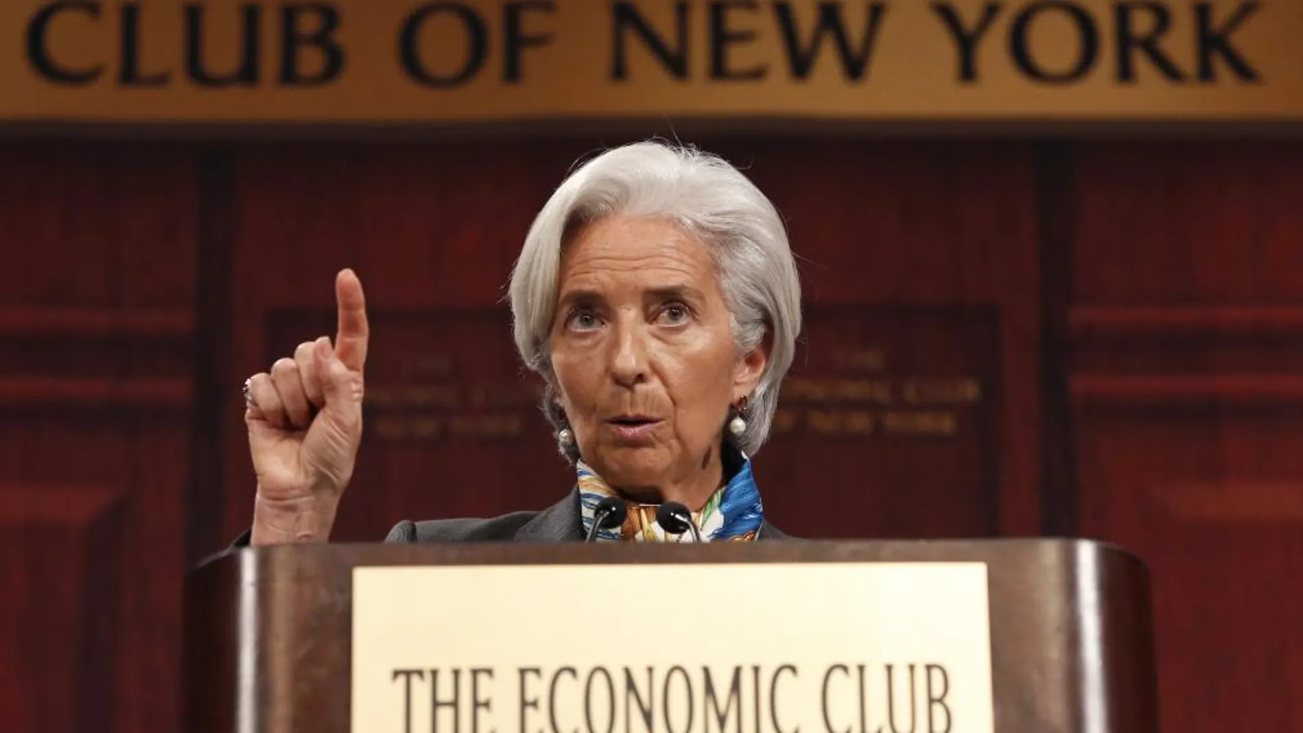 Lagarde durante su conferencia en el Club Económico de Nueva York