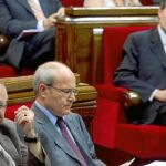 Montilla, junto a Carod y Saura, ayer, en la sesión de control en el Parlamento de Cataluña