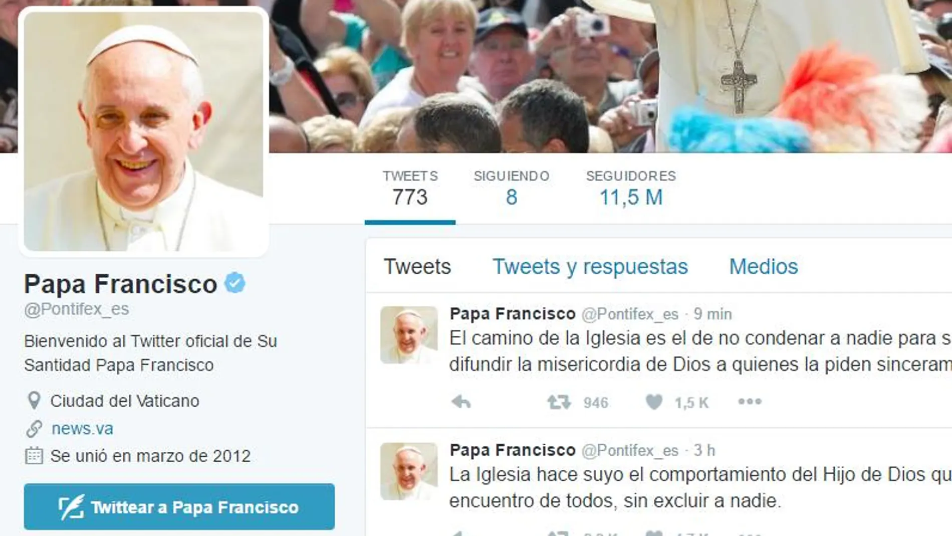La cuenta de twitter del Papa suma más de 11 millones de seguidores