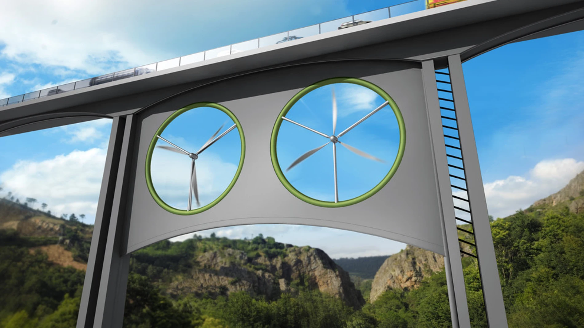 Propuesta para instalar dos turbinas eólicas iguales bajo un viaducto