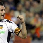 El defensa del Valencia David Navarro celebra el gol conseguido ante el Getafe