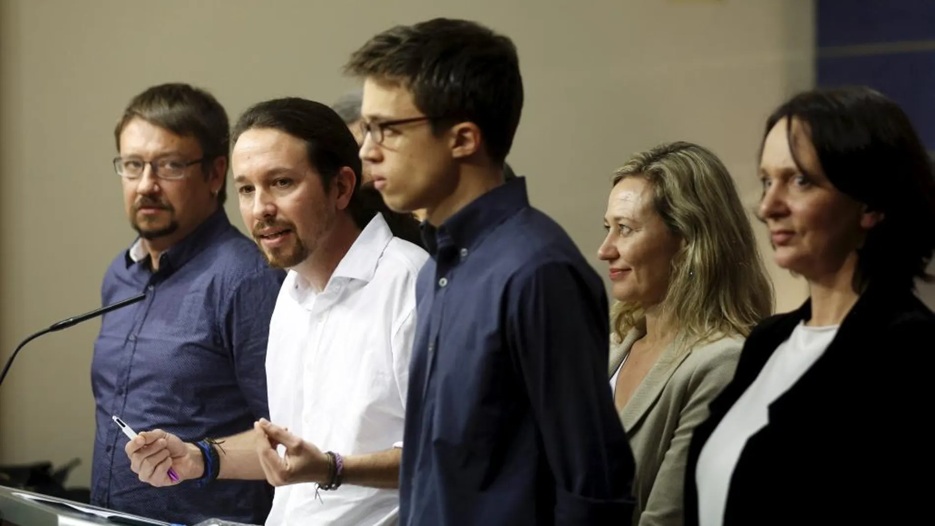 El líder de Podemos, Pablo Iglesias, durante la rueda de prensa