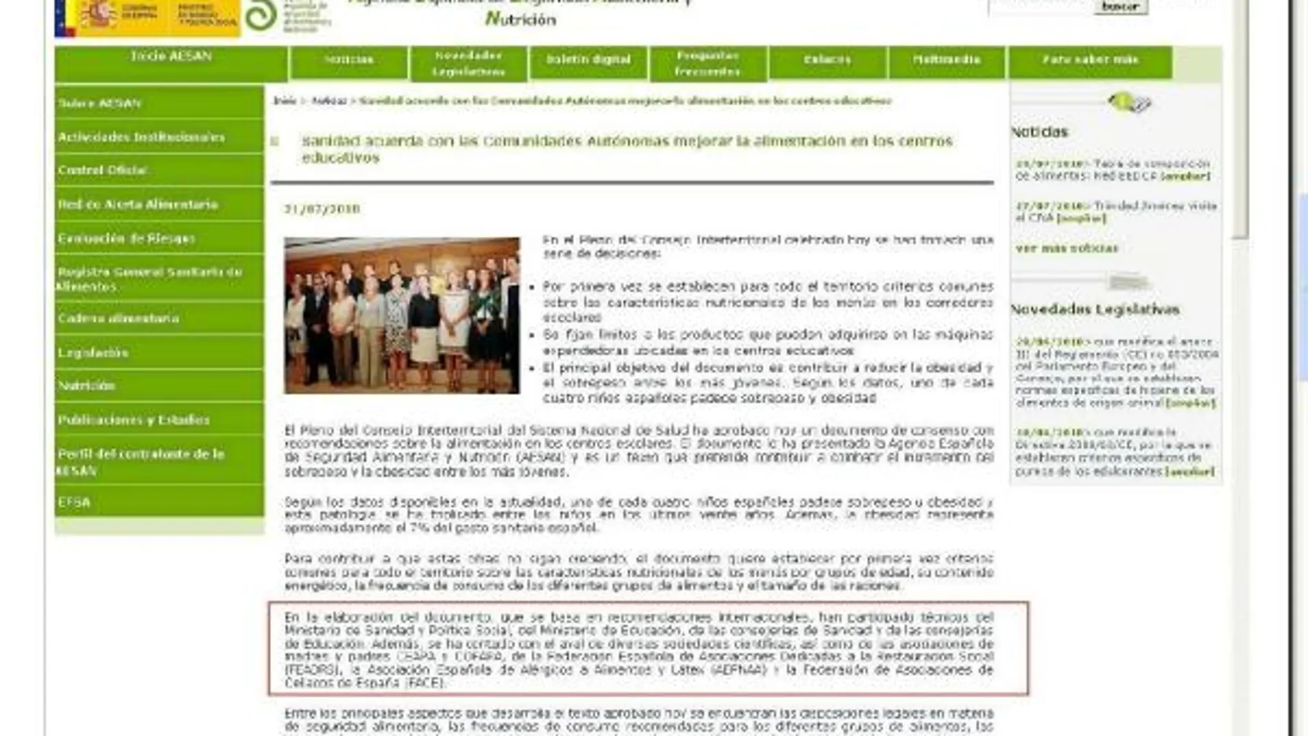 Los dietistas no avalan los menús de Sanidad