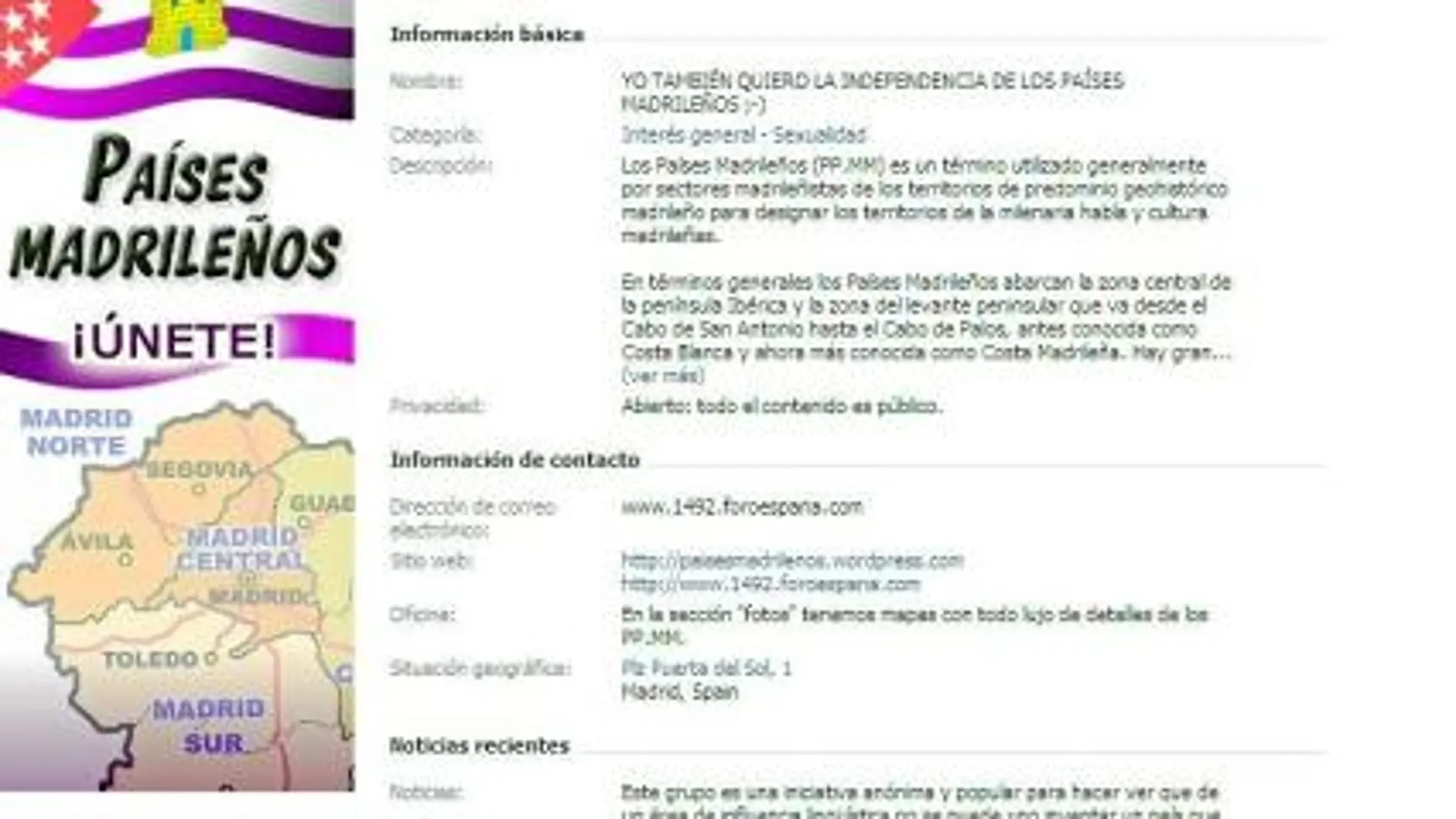 La página de Facebook donde se pide la independencia de los «países madrileños»