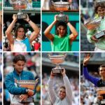 Una composición con las imágenes de Nadal con sus 11 trofeos de Roland Garros ganados en 2005, 2006, 2007, 2008, 2010, 2011, 2012, 2013, 2014, 2017 y, a la derecha, 2018. EFE/EPA/STAFF