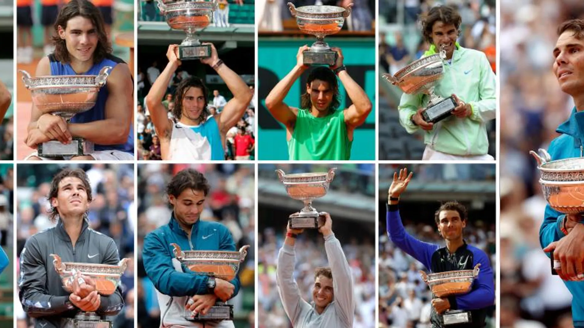 Una composición con las imágenes de Nadal con sus 11 trofeos de Roland Garros ganados en 2005, 2006, 2007, 2008, 2010, 2011, 2012, 2013, 2014, 2017 y, a la derecha, 2018. EFE/EPA/STAFF