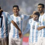 Di María (i) celebra su segundo gol con sus compañeros Marcos Rojo (2-i), Lionel Messi (2-d) y Javier Pastore