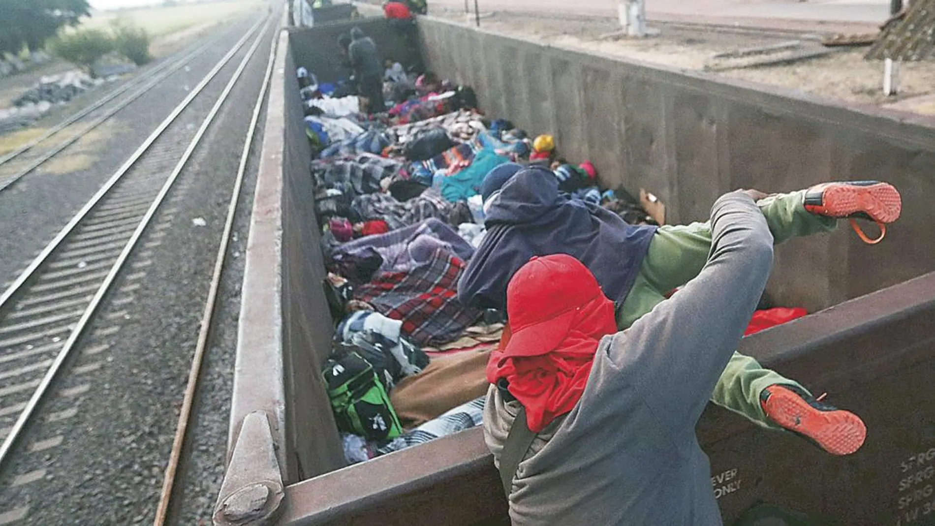 Decenas de inmigrantes centroamericanos hacinados en el tren conocido como «La Bestia» en su viaje hacia EE UU
