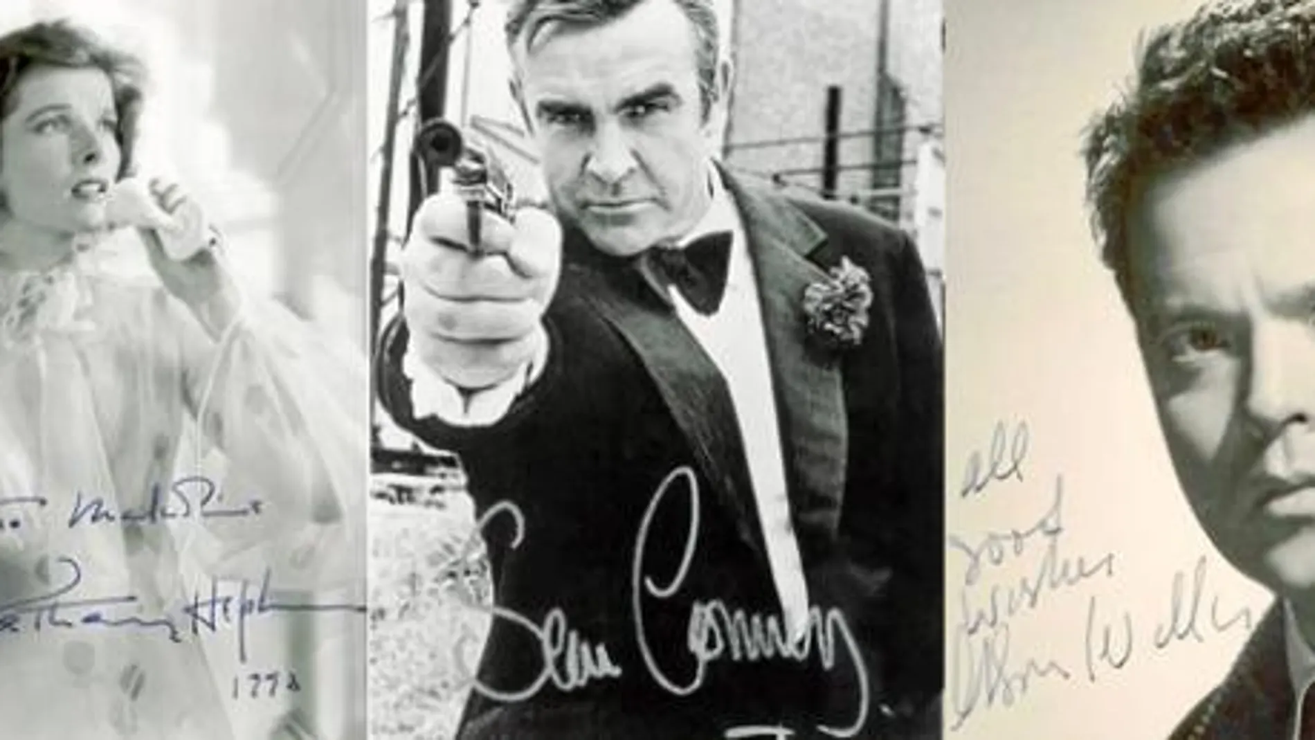 Una fotografía de Katherine Hepburn firmada en 1992. Sean Connery en una imagen promocional como James Bond. Orson Wells