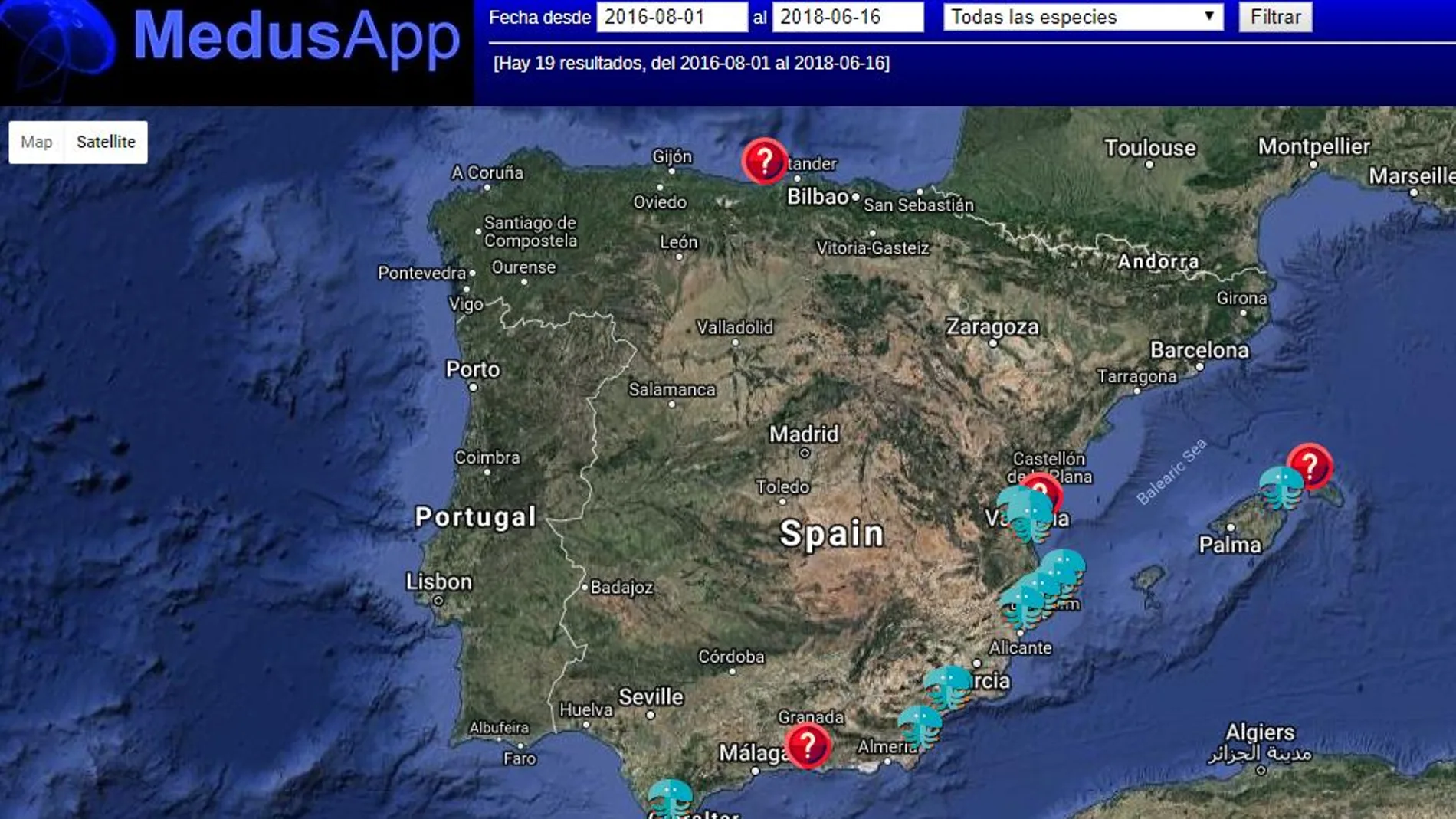 La app incluye un mapa para ir consignando dónde hay medusas