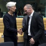 Christine Lagarde junto a Yanis Varoufakis en Bruselas el pasado 25 de junio.