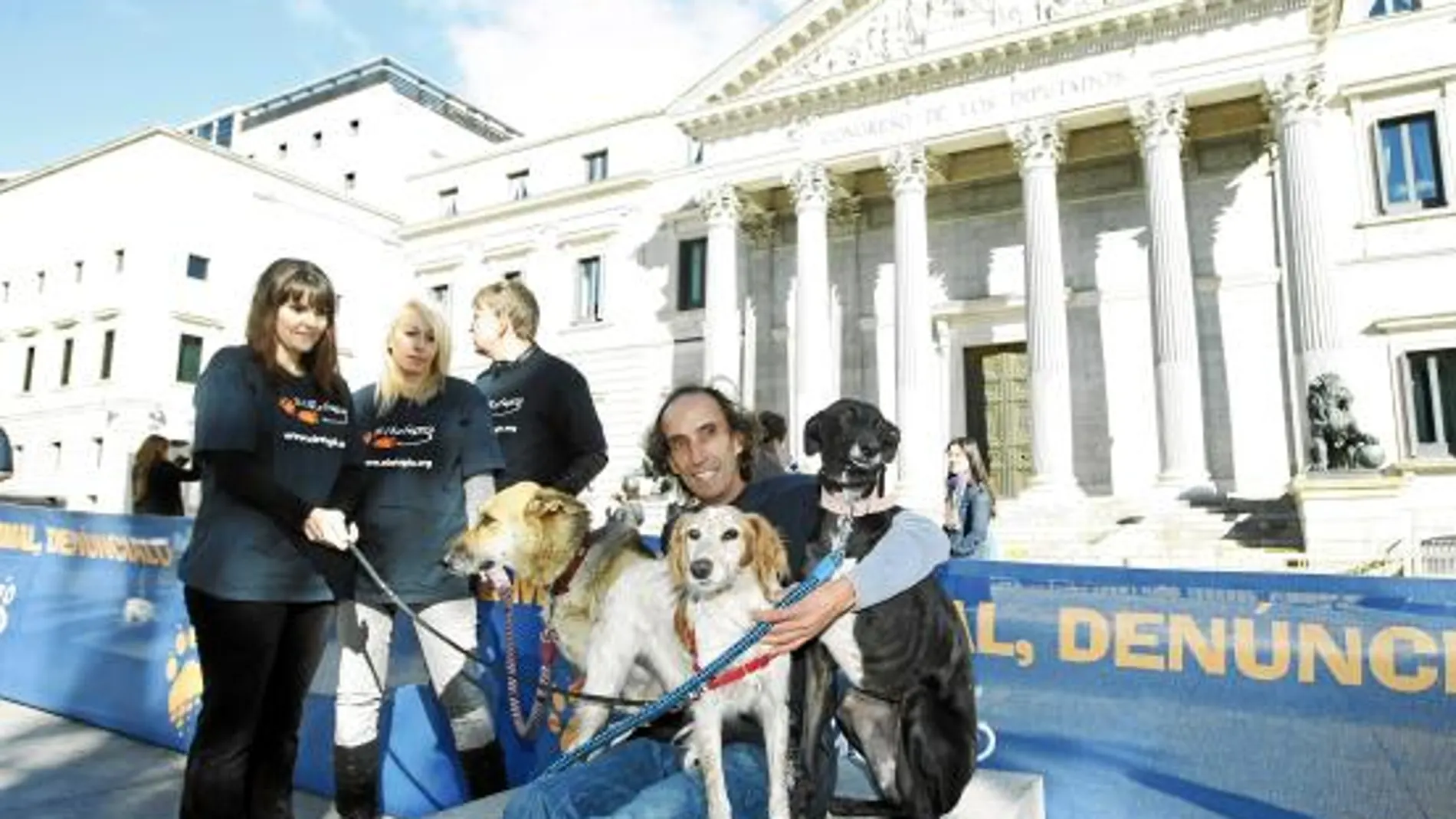 Voluntarios y perros maltratados desplegaron una pancarta en el Congreso animando a denunciar