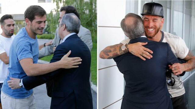 Casillas y Ramos abrazan al presidente del Real Madrid, Florentino Pérez.
