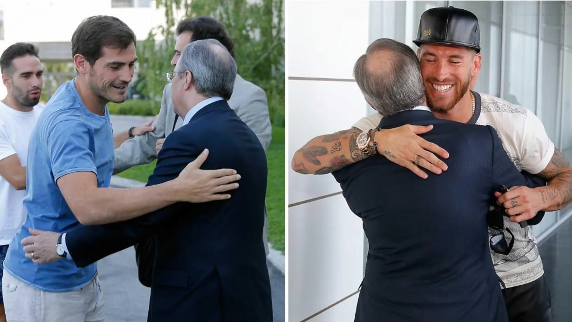 Casillas y Ramos abrazan al presidente del Real Madrid, Florentino Pérez.