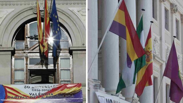 Una pancarta sobre el aniversario de la II República en el Ayuntamiento de Valencia y una bandera en el de Cádiz.