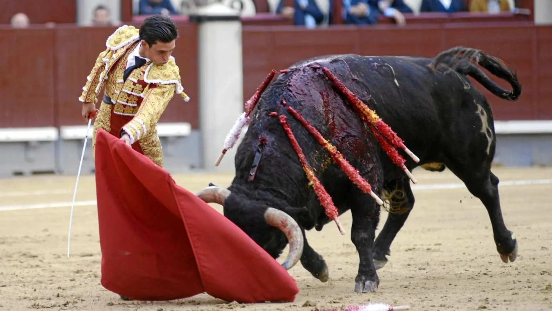 Alberto Aguilar, ayer en Las Ventas, ante uno de sus dos toros de Baltasar Ibán
