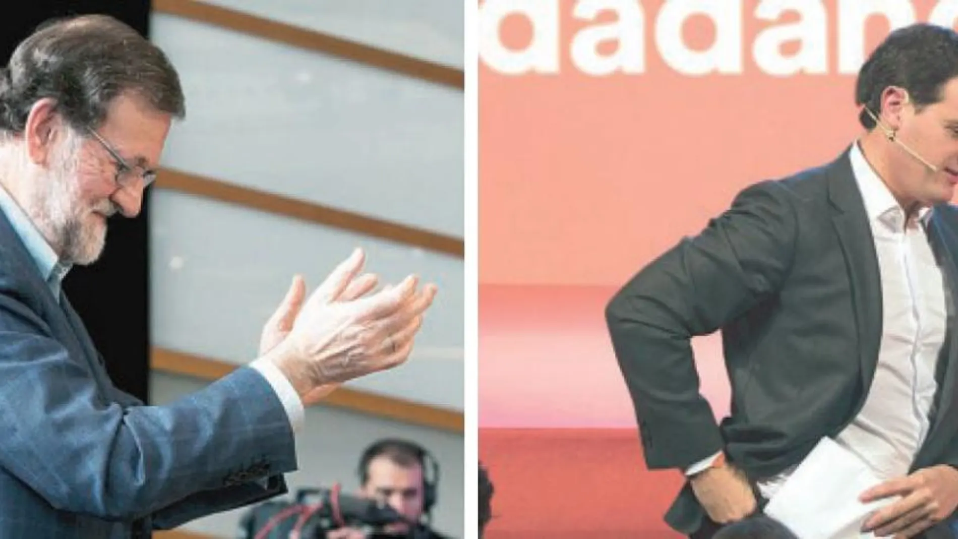 El presidente del Gobierno, Mariano Rajoy, (izq.) y el líder de Cs, Albert Rivera, (dcha.), ayer en sendos actos de partido