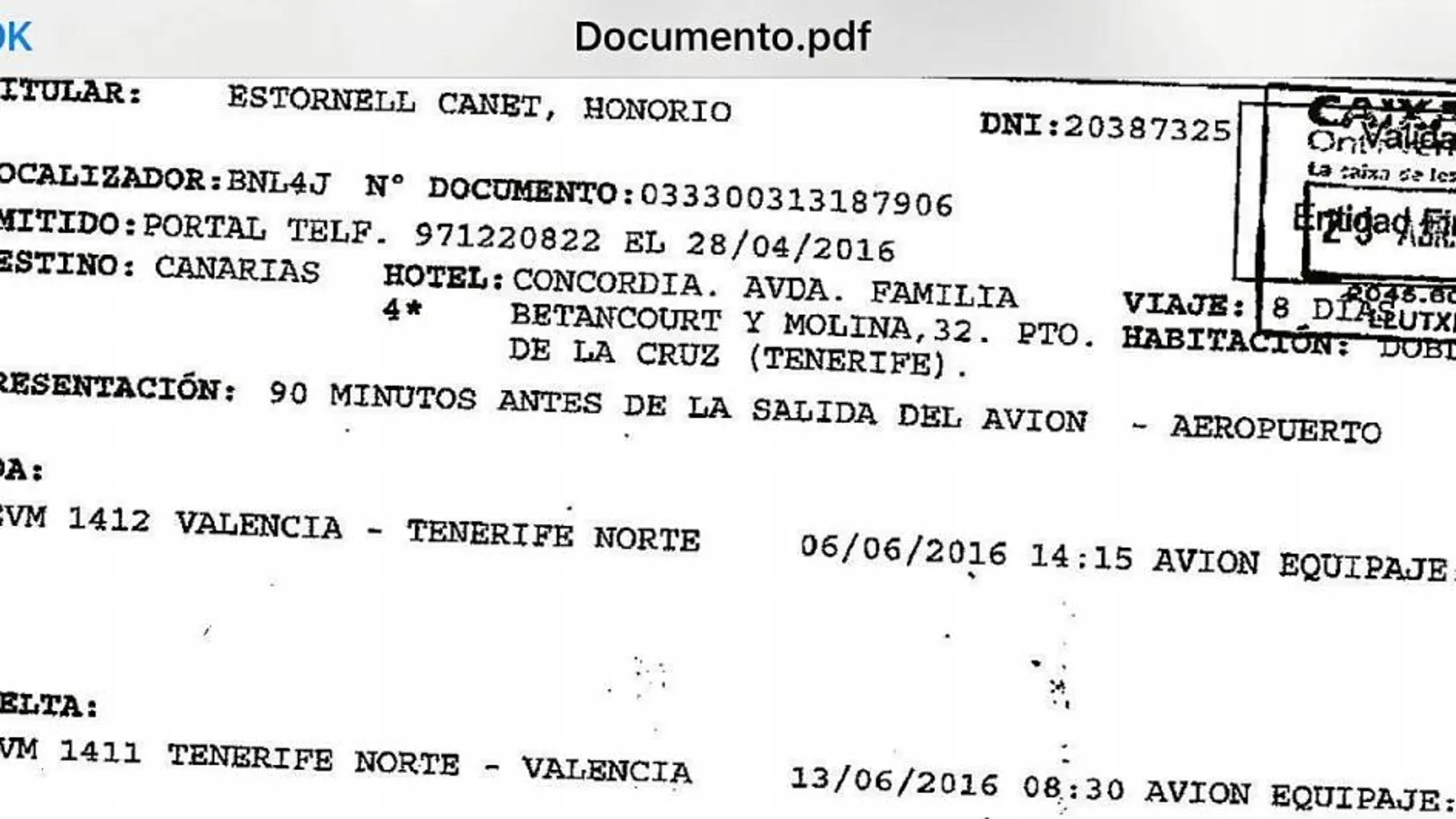 Honorio Estornell ha rechazado la oportunidad que le concedió el juez para dar sus explicaciones en el «caso Imelsa» por tener comprados los billetes de avión y de hotel para pasar en Tenerife una semana con su mujer por 364 euros