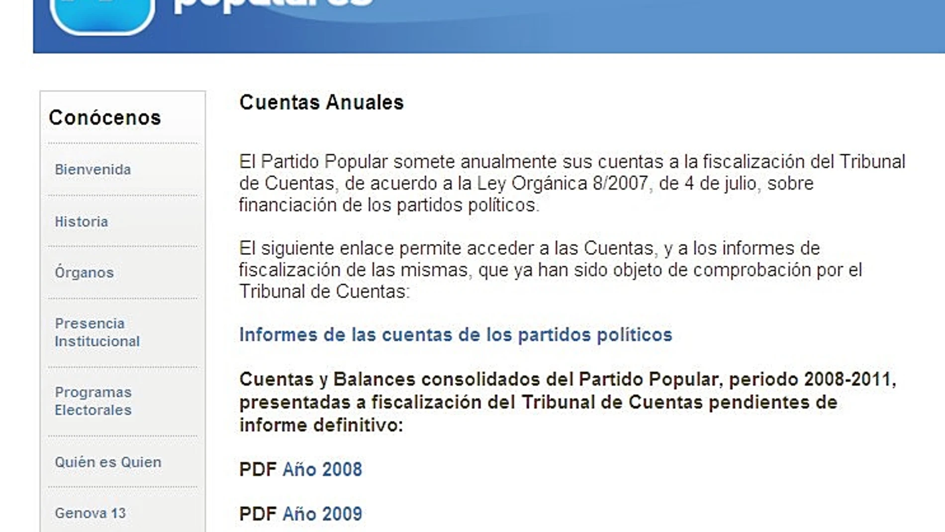 La web del PP publicó el pasado viernes la contabilidad nacional de 2008 a 2011